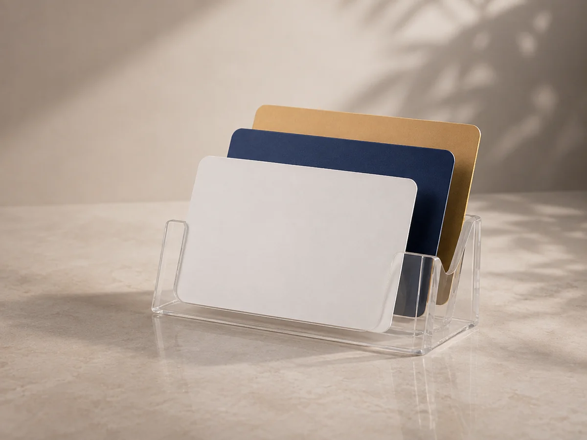 Ba thẻ nhựa PVC trắng, xanh và vàng trong giá đỡ