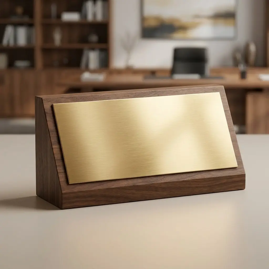 Bảng chức danh gỗ để bàn ốp kim loại